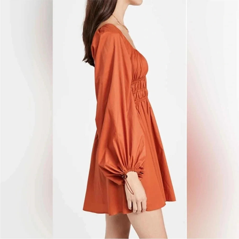 NWT Staud,Form Flattering Bow Dress Puff Sleeve Mini Rust Red, Boho, Lux,Size 6 - Picture 4 of 9